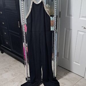 Elegant Black Jumpsuit with Embellished Pearl Straps And Neckline
